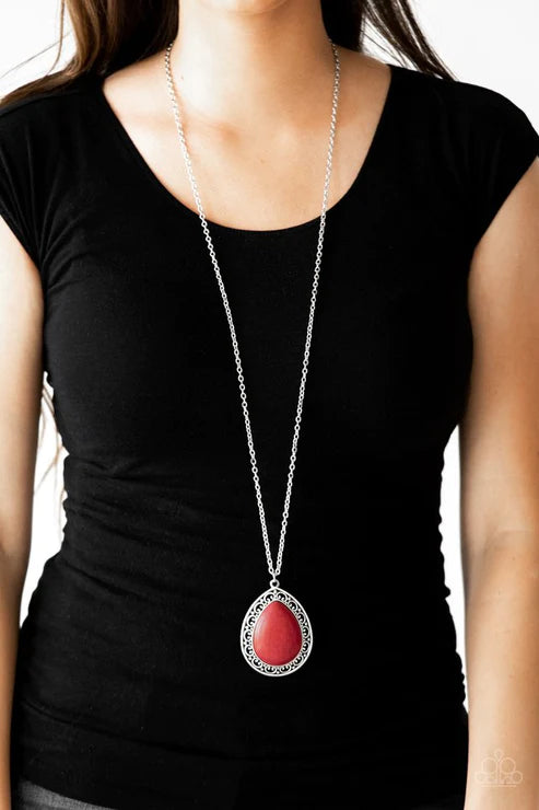 Full Frontier - Oversized Red Stone Filigree Teardrop Necklace N#5303
