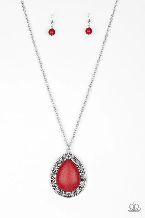 Full Frontier - Oversized Red Stone Filigree Teardrop Necklace N#5303