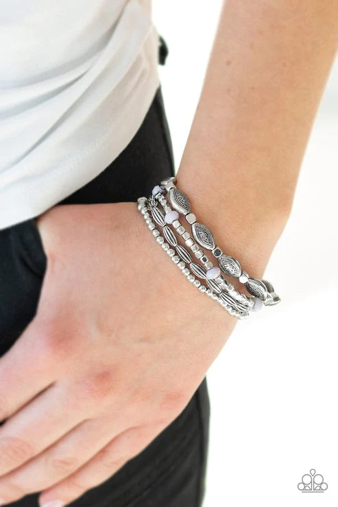 Full Of WANDER - Silver Mismatched Faceted Cubes Accent Bracelet Stack B#4803