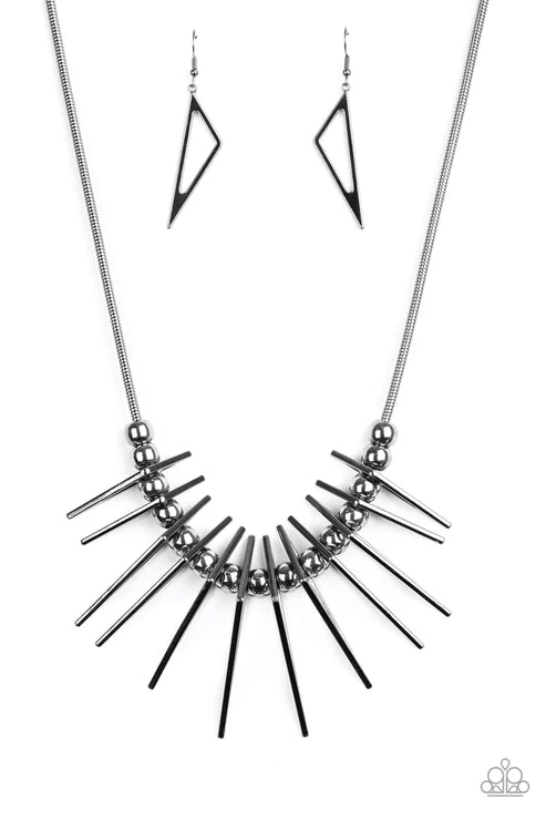 Fully Charged - Black Triangular/Rounded Slide Along Accent Fringe Necklace N#3798