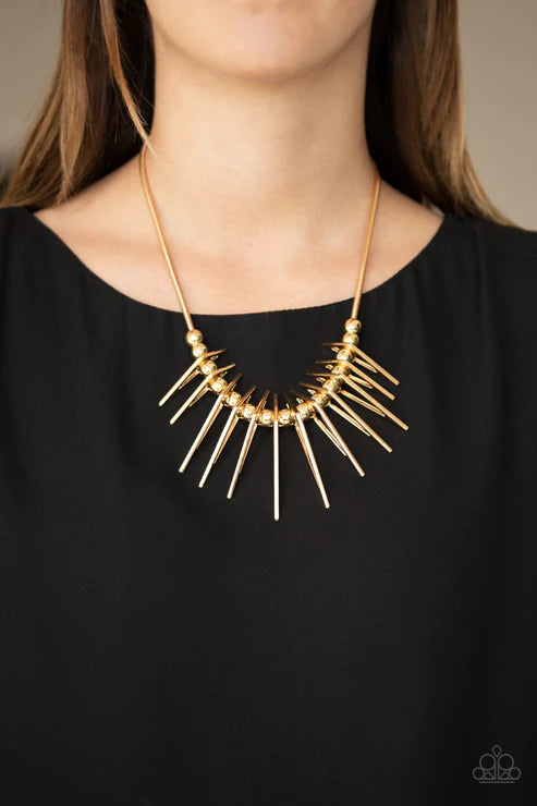 Fully Charged - Gold Triangular/Rounded Slide Along Accent Fringe Necklace N#3254