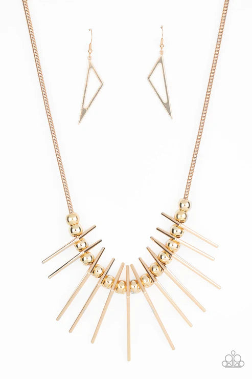 Fully Charged - Gold Triangular/Rounded Slide Along Accent Fringe Necklace N#3254