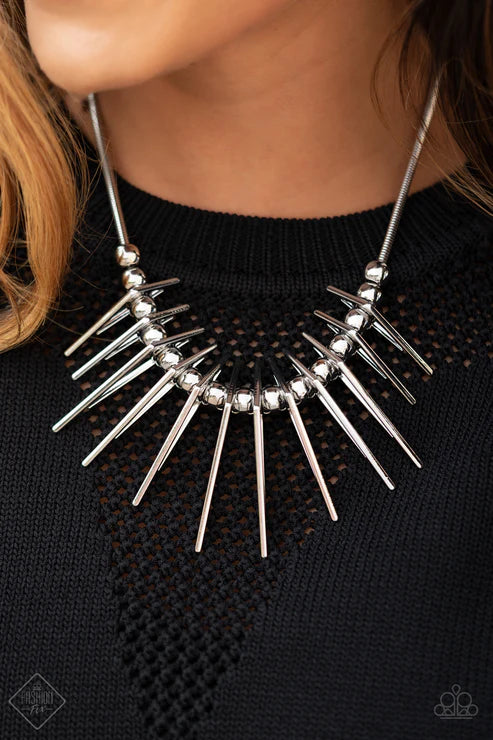 Fully Charged - Silver Triangular/Rounded Slide Along Accent Fringe Necklace N#6622