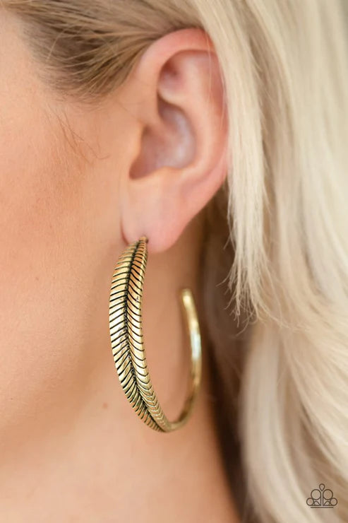 Funky Feathers - Oversized Brass Curled Feather Hoop E#2881
