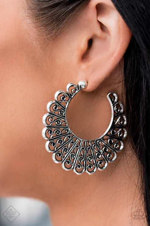 Funky Flirt - Oversized Silver Swirl Scalloped Petal Filigree Hoop Earrings E#3361