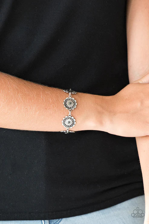 Funky Flower Child - Smoky Silver Dotted Encrusted Floral Bracelet B#6278