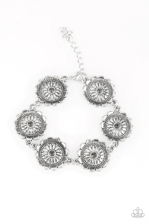 Funky Flower Child - Smoky Silver Dotted Encrusted Floral Bracelet B#6278