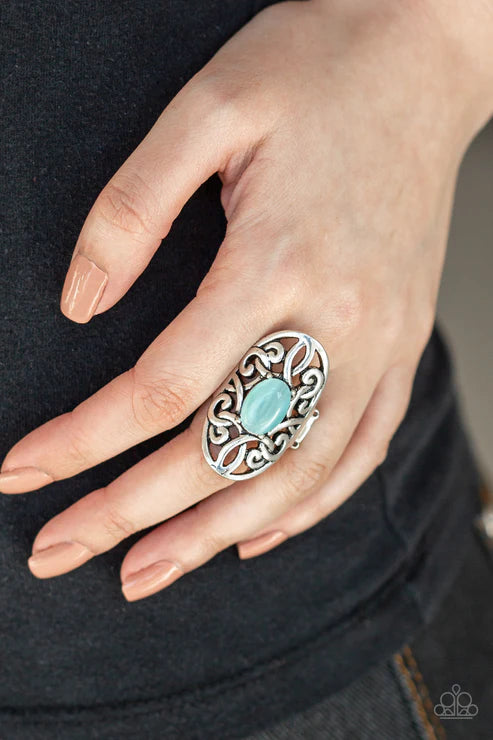 GLEAM Big - Oversized Blue Oval Swirl Vine Filigree Cat's Eye Moonstone Ring R#5743