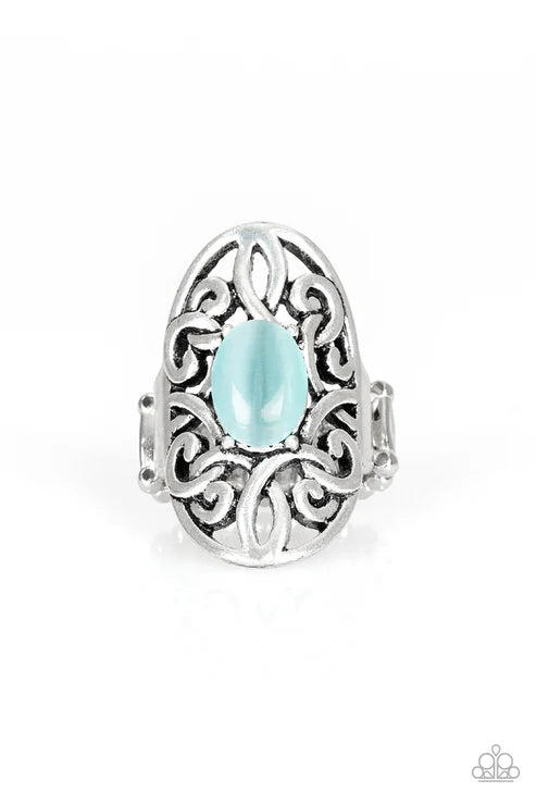 GLEAM Big - Oversized Blue Oval Swirl Vine Filigree Cat's Eye Moonstone Ring R#5743