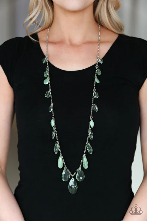 GLOW And Steady Wins The Race - Oversized Green Glassy/Cloudy Crystal Necklace N#3869