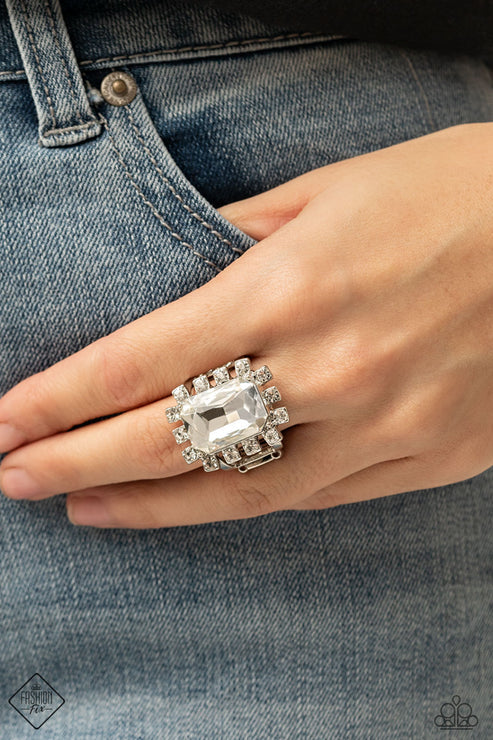 Galactic Glamour - Oversized White Emerald Cut/Square Explosion Encrusted Fans Out Ring R#5980