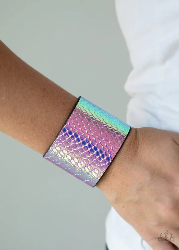 Galactic Galapagos - Oversized Pink Metallic Iridescent Crocodile Textured Leather Bracelet B#7052