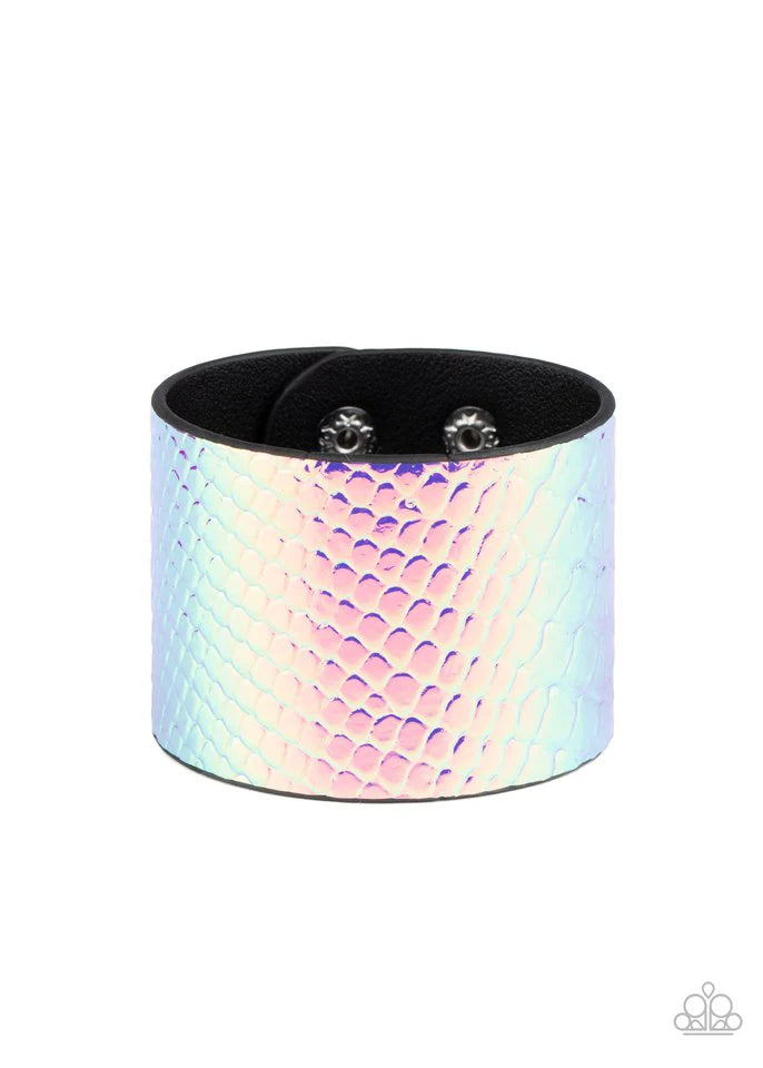 Galactic Galapagos - Oversized Pink Metallic Iridescent Crocodile Textured Leather Bracelet B#7052