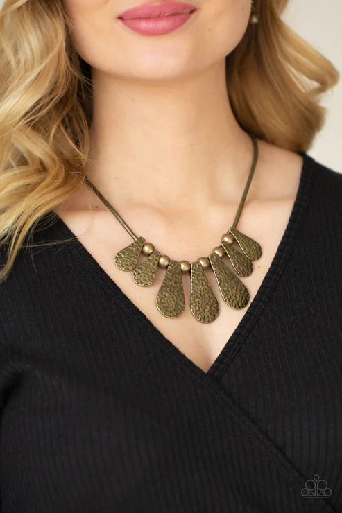 Gallery Goddess - Brass Round/Teardrop Hammered Herringbone Fringe Industrial Necklace N#3253