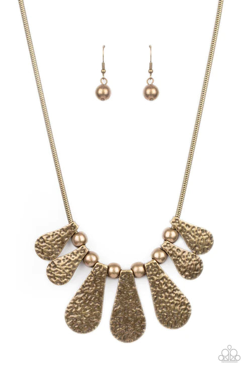 Gallery Goddess - Brass Round/Teardrop Hammered Herringbone Fringe Industrial Necklace N#3253