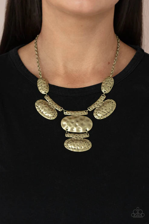 Gallery Relic - Oversized Brass Mismatched Oval Hammered Connected Plates Industrial Necklace N#4710