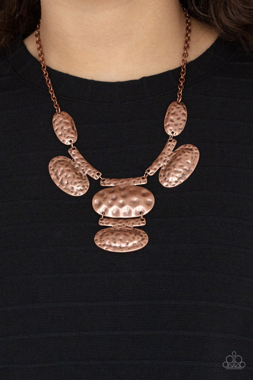 Gallery Relic - Oversized Copper Mismatched Oval Hammered Connected Plates Industrial Necklace N#4544