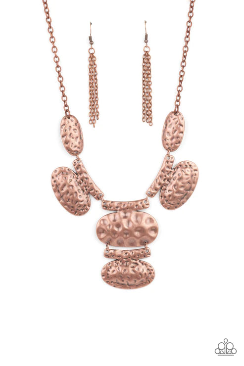 Gallery Relic - Oversized Copper Mismatched Oval Hammered Connected Plates Industrial Necklace N#4544
