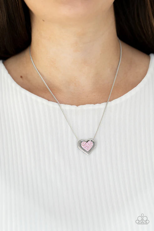 Game, Set, MATCHMAKER - Pink Suspended 3D Double Heart Encrusted Necklace N#2417
