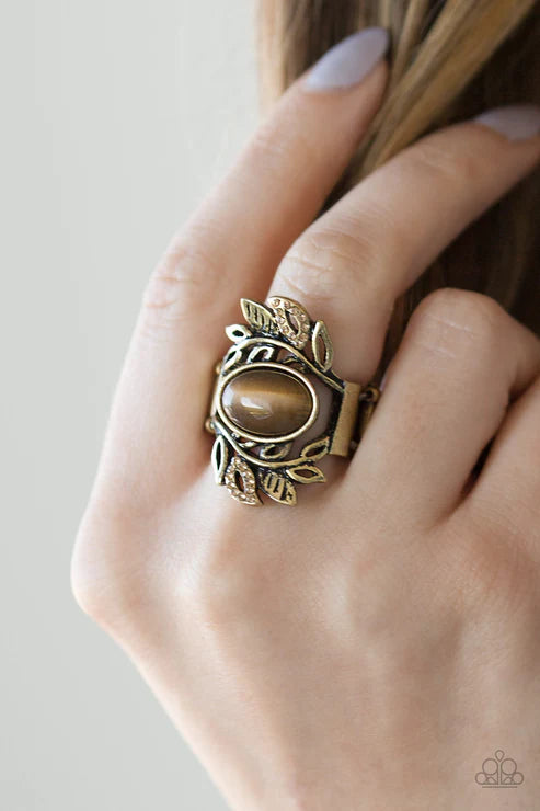 Garden Dew - Brass 3D Leafy Curl Topaz Encrusted Cat's Eye Moonstone Ring R#5649