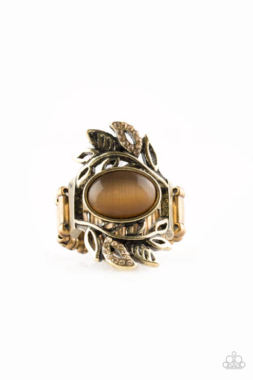 Garden Dew - Brass 3D Leafy Curl Topaz Encrusted Cat's Eye Moonstone Ring R#5649