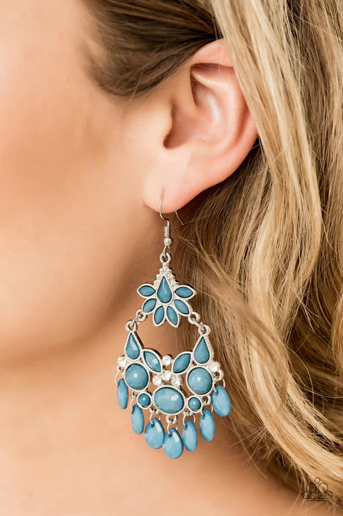 Garden Dream - Blue/BlueStone Hue Faceted Round/Teardrop/Marquise Cut Dotted Encrusted Stacked Teardrop Fringe Earrings E#2969
