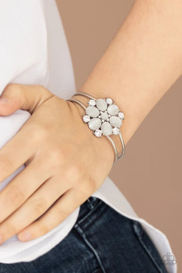 Garden Extravagance - Oversized White 3D Floral Encrusted Cat's Eye Moonstone Hinged Cuff Bracelet B#6780