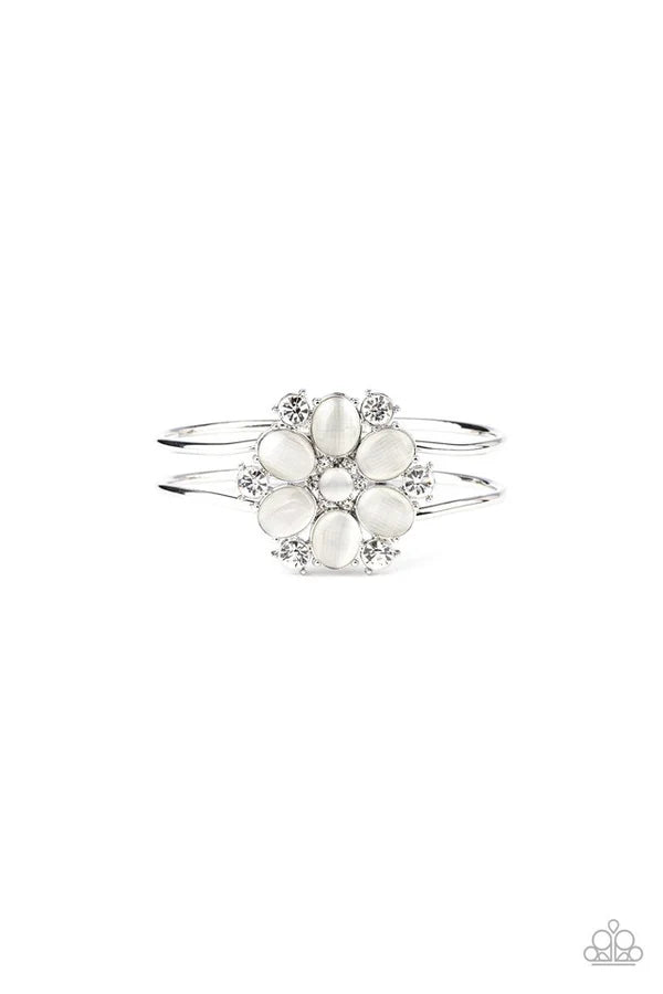 Garden Extravagance - Oversized White 3D Floral Encrusted Cat's Eye Moonstone Hinged Cuff Bracelet B#6780