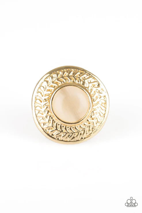 Garden Garland - Oversized Golden Circular Leafy Garland Cat's Eye Moonstone Ring R#5229