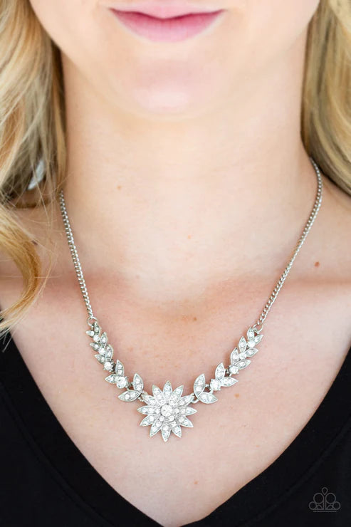 Garden Glamour - White Encrusted 3D Leafy Bloom Necklace N#2902