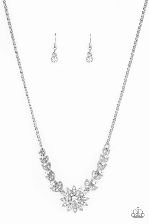 Garden Glamour - White Encrusted 3D Leafy Bloom Necklace N#2902