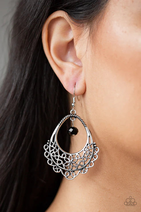 Garden Society - Oversized Black Floral Swirl Filigree Crystal Teardrop Earrings E#5756