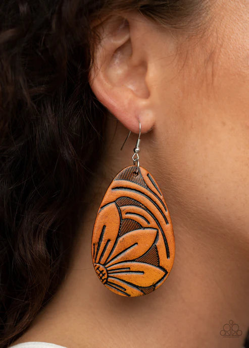 Garden Therapy - Oversized Brown Stamped/Embossed Rustic 3D Flower Leather Teardrop Earrings E#4464
