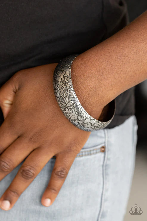 Garden Villa - Oversized Silver Antiqued Embossed Rosy Floral Bangle Bracelet B#3979