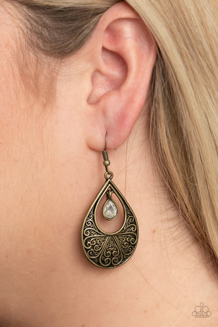 Garden Magic - Brass Embossed Heart Filigree Teardrop Earrings E#6833