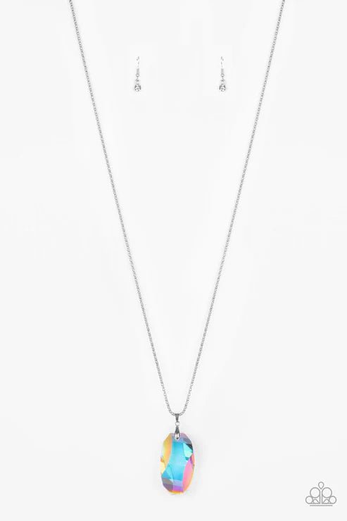 Gemstone Grandeur - Oversized Multi Metallic Backing Iridescent (Catches/Refracts the Light) Dotted Encrusted Faceted Raw Cut Popcorn Chain Necklace N#421