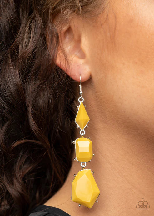 Geo Getaway - Oversized Yellow/Silver Imperfect Faceted Encased Studded Lure Earrings E#2719