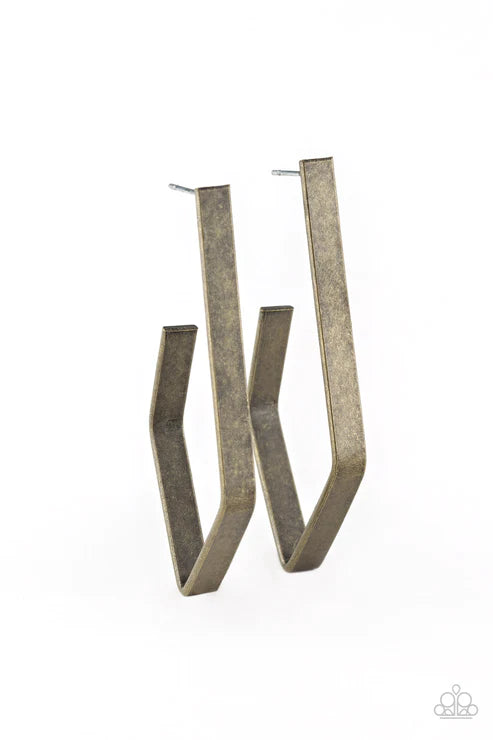 Geo Grand - Brass Flat Fold Bar   Geometric Hoop Industrial Earrings E#2911