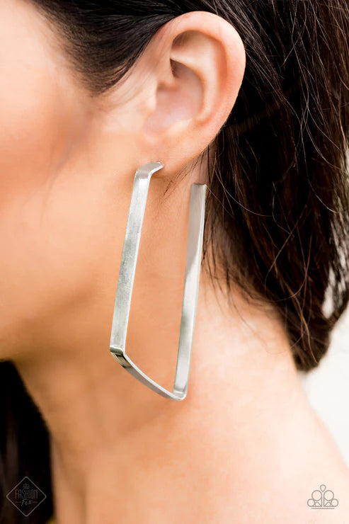 Geo Jam - Oversized Silver Edgy Antiqued Shimmer Flat Bar Abstract Geometric Earrings E#7232