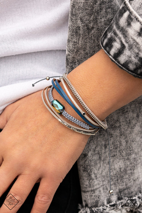 Geo Trip - Multi (Blue/Silver) Infused Iridescent Metallic Accent Mashup Leather Stacked Sliding Knot Closure Bracelet B#5067
