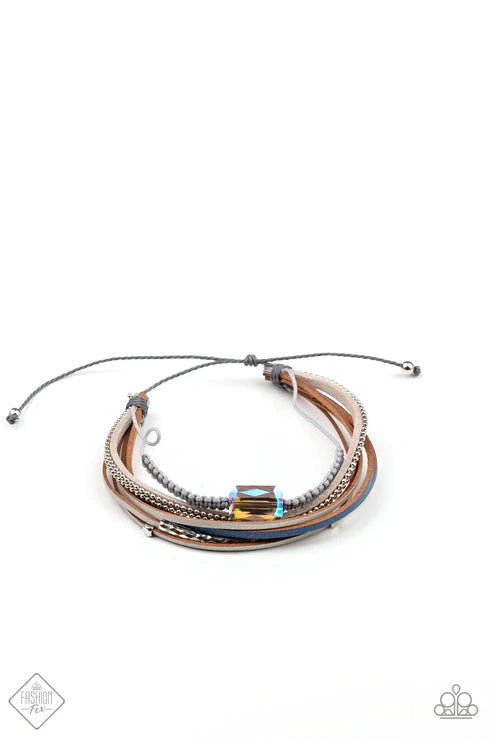 Geo Trip - Multi (Blue/Silver) Infused Iridescent Metallic Accent Mashup Leather Stacked Sliding Knot Closure Bracelet B#5067