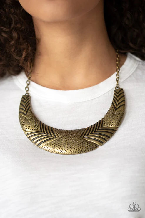 Geographic Goddess - Oversized Brass Angular Shapes Hammered Chevron Stamped Coalescing Necklace N#4562