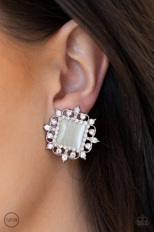 Get Rich Quick - Oversized White Encrusted Cat's Eye Moonstone Clip On Earrings E#5668