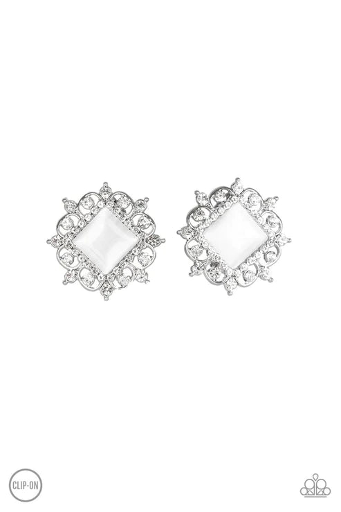 Get Rich Quick - Oversized White Encrusted Cat's Eye Moonstone Clip On Earrings E#5668