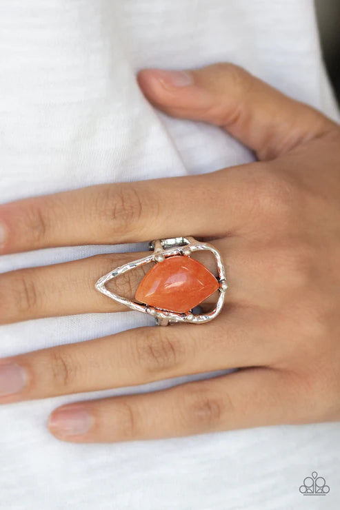 Get The Point - Oversized Orange Abstract Triangle Nestled Hammered Stone Ring R#4780