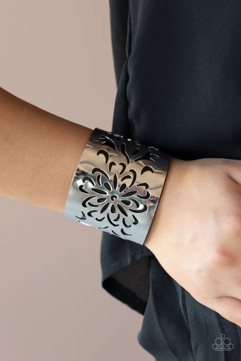 Get Your Bloom On - Oversized Black/Silver Airy Stenciled Peek Out Floral Leather Cuff Bracelet B#4255