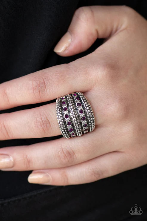 Girl Fight - Oversized Purple Duo Encrusted Antiqued Studded Ring R#6038