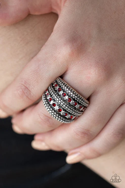 Girl Fight - Oversized Red Duo Encrusted Antiqued Studded Ring #60634