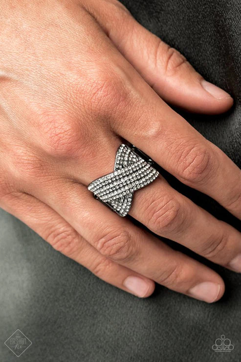 Girl Boss Glitter - Oversized Black Dotted Rows White Encrusted Blinding Gunmetal Frames CrissCross Dramatic Ring R#7366