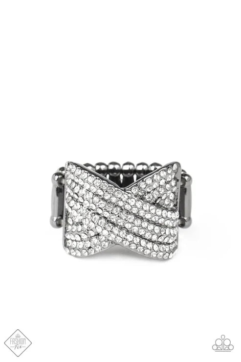 Girl Boss Glitter - Oversized Black Dotted Rows White Encrusted Blinding Gunmetal Frames CrissCross Dramatic Ring R#7366